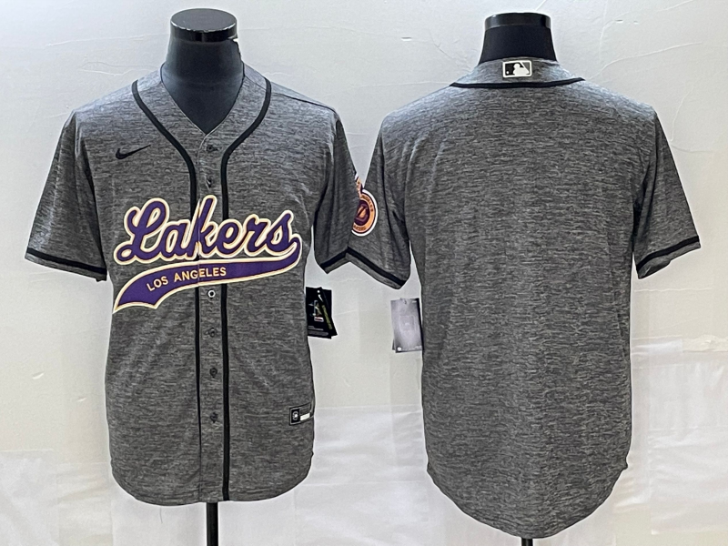 Men's Los Angeles Lakers Blank Gray Cool Base With Patch Stitched Baseball Jersey Men's Los Angeles Lakers Blank Gray Cool Base With Patch Stitched Baseball Jersey
